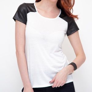 Attitude Unknown Faux Leather Panel Scoop Neck Top